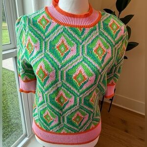 THML Pink and Green Geometric Short Sleeve Sweater Size Small
